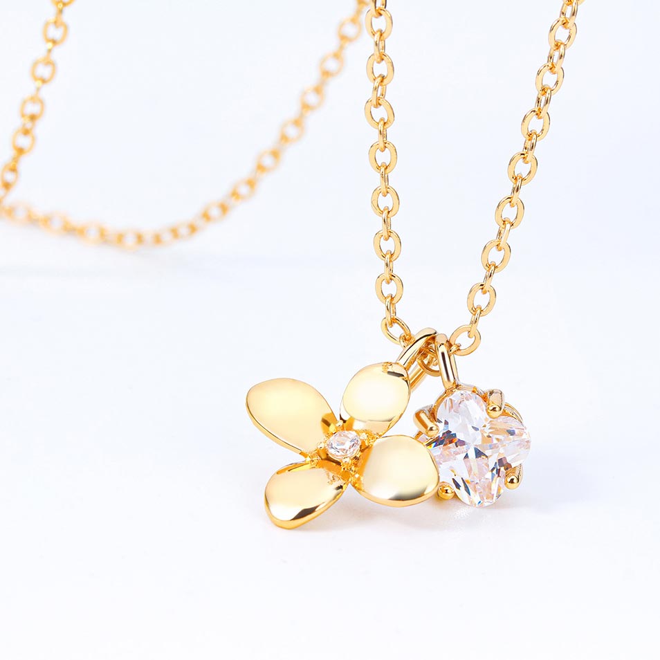 Floral Design Rhinestone Detail Gold Necklace