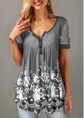 Printed Short Sleeve Button Detail T Shirt