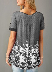 Printed Short Sleeve Button Detail T Shirt