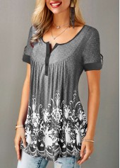 Printed Short Sleeve Button Detail T Shirt