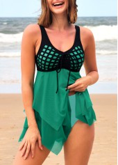 Cyan Tie Front Asymmetric Hem Swimdress and Panty