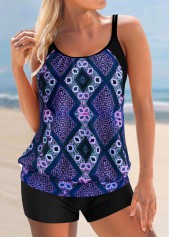 Purplish Blue Wide Strap Tribal Print Tankini Set