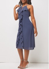 Flounce Bib Neck Dusty Blue Cutout Dress