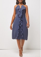 Flounce Bib Neck Dusty Blue Cutout Dress