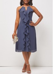Flounce Bib Neck Dusty Blue Cutout Dress