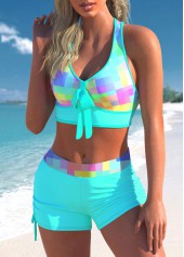 Bowknot Cross Strap Rainbow Color Plaid Bikini Set