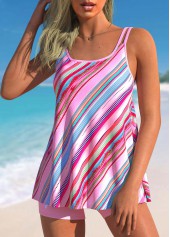 Pink Stripe Print Double Straps Tankini Set