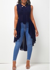 Navy Blue High Low Hem Tie Neck Tank Top