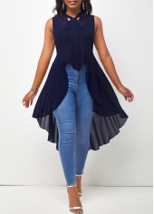 Navy Blue High Low Hem Tie Neck Tank Top