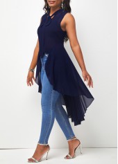 Navy Blue High Low Hem Tie Neck Tank Top