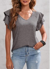 V Neck Light Grey Layered Bell Sleeve T Shirt