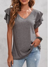 V Neck Light Grey Layered Bell Sleeve T Shirt