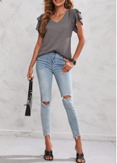 V Neck Light Grey Layered Bell Sleeve T Shirt
