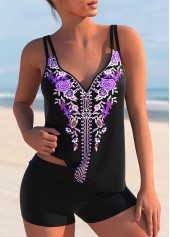 Purple Tribal Print Double Straps Tankini Set