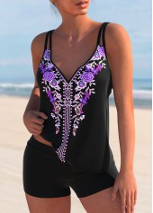 Purple Tribal Print Double Straps Tankini Set