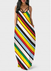 Spaghetti Strap Double Side Pocket Rainbow Stripe Dress