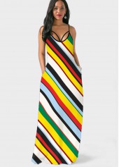 Spaghetti Strap Double Side Pocket Rainbow Stripe Dress