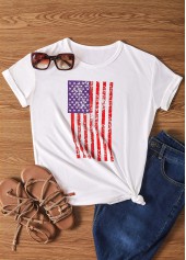American Flag Print White Round Neck T Shirt