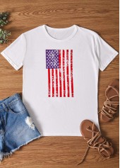 American Flag Print White Round Neck T Shirt