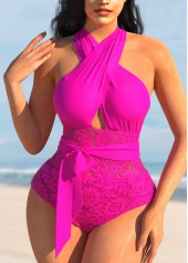 Lace Stitching Rose Red Cross Halter One Piece Swimwear