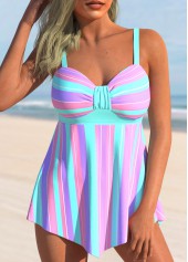 Cyan Stripe Print Asymmetric Hem Swimdress Set