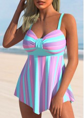 Cyan Stripe Print Asymmetric Hem Swimdress Set