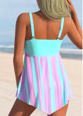 Cyan Stripe Print Asymmetric Hem Swimdress Set