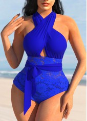 Cross Strap Lace Stitching Royal Blue One Piece Swimwear