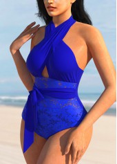 Cross Strap Lace Stitching Royal Blue One Piece Swimwear