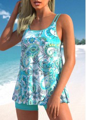Cyan Tribal Print Plus Size Double Straps Tankini Set