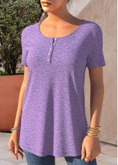 Button Detail Short Sleeve Light Purple T Shirt