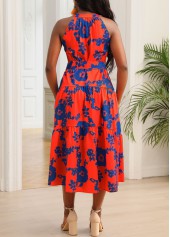 Orange Floral Print Belted Split Neck Dress