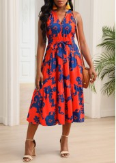 Orange Floral Print Belted Split Neck Dress
