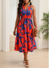 Orange Floral Print Belted Split Neck Dress