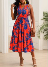 Orange Floral Print Belted Split Neck Dress