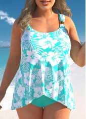Cyan Floral Print Plus Size Crossover Hem Tankini Set