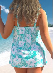 Cyan Floral Print Plus Size Crossover Hem Tankini Set