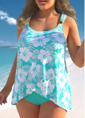 Cyan Floral Print Plus Size Crossover Hem Tankini Set