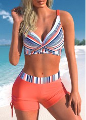 Stripe Print Front Cross Coral Red Bikini Set