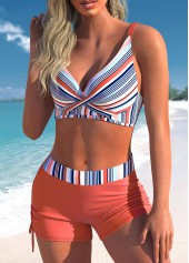 Stripe Print Front Cross Coral Red Bikini Set