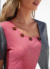 Decorative Button Grey Contrast Short Sleeve T Shirt