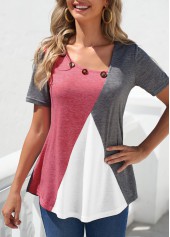 Decorative Button Grey Contrast Short Sleeve T Shirt