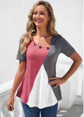 Decorative Button Grey Contrast Short Sleeve T Shirt