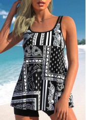 Black Tribal Print Double Straps Tankini Set