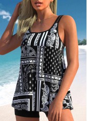 Black Tribal Print Double Straps Tankini Set