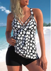 Daisy Print Black Cross Strap Tankini Top-No Bottom