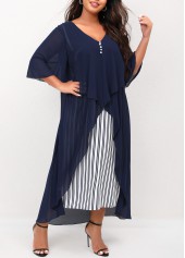 Navy Blue Striped Plus Size V Neck Dress