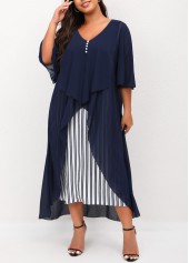 Navy Blue Striped Plus Size V Neck Dress