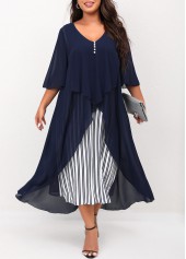 Navy Blue Striped Plus Size V Neck Dress