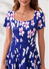 Floral Print Square Collar Navy Blue Dress